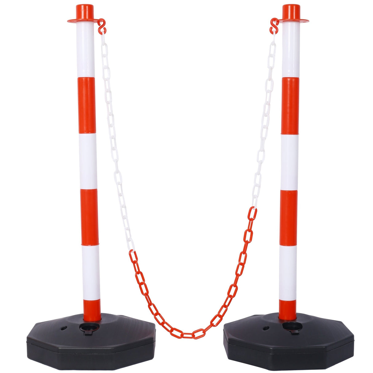4 Pack Traffic Delineator Post Cones with Fillable Base Adjustable Safety Barrier with 5Ft Plastic Chain - White+Red - Fab Heavy Parts
