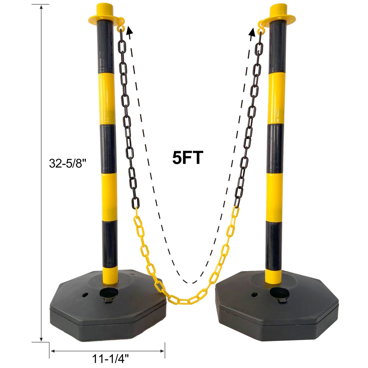 4 Pack Traffic Delineator Post Cones with Fillable Base Adjustable Safety Barrier with 5Ft Plastic Chain - Yellow+Black - Fab Heavy Parts