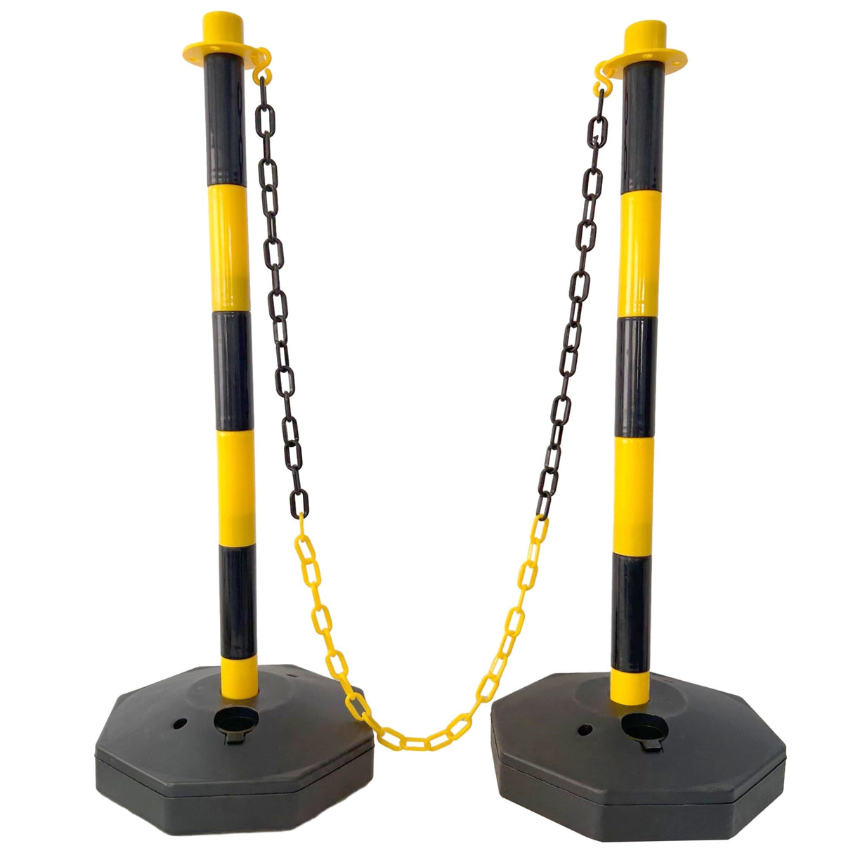 4 Pack Traffic Delineator Post Cones with Fillable Base Adjustable Safety Barrier with 5Ft Plastic Chain - Yellow+Black - Fab Heavy Parts