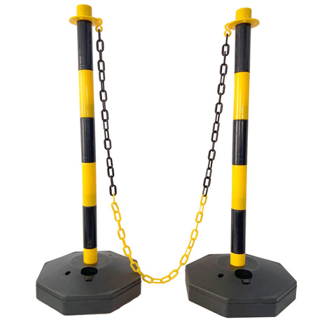 4 Pack Traffic Delineator Post Cones with Fillable Base Adjustable Safety Barrier with 5Ft Plastic Chain - Yellow+Black - Fab Heavy Parts