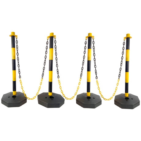 4 Pack Traffic Delineator Post Cones with Fillable Base Adjustable Safety Barrier with 5Ft Plastic Chain - Yellow+Black - Fab Heavy Parts