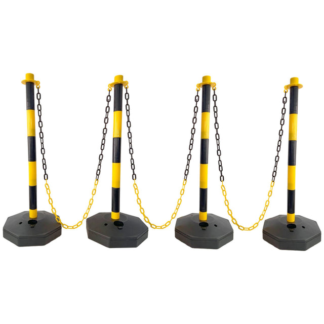 4 Pack Traffic Delineator Post Cones with Fillable Base Adjustable Safety Barrier with 5Ft Plastic Chain - Yellow+Black - Fab Heavy Parts
