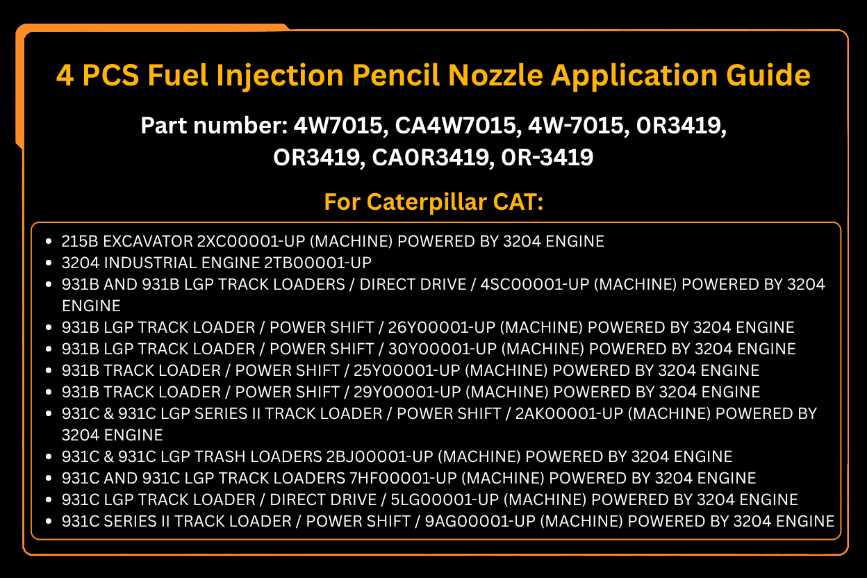 4 PCS Fuel Injection Pencil Nozzle 4W7015 4W-7015 0R3419 0R-3419 Fits for Caterpillar CAT 215B E180 931B 931C 935B 935C 943 953 Engine 3204 - Fab Heavy Parts