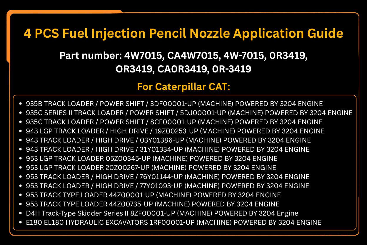 4 PCS Fuel Injection Pencil Nozzle 4W7015 4W-7015 0R3419 0R-3419 Fits for Caterpillar CAT 215B E180 931B 931C 935B 935C 943 953 Engine 3204 - Fab Heavy Parts