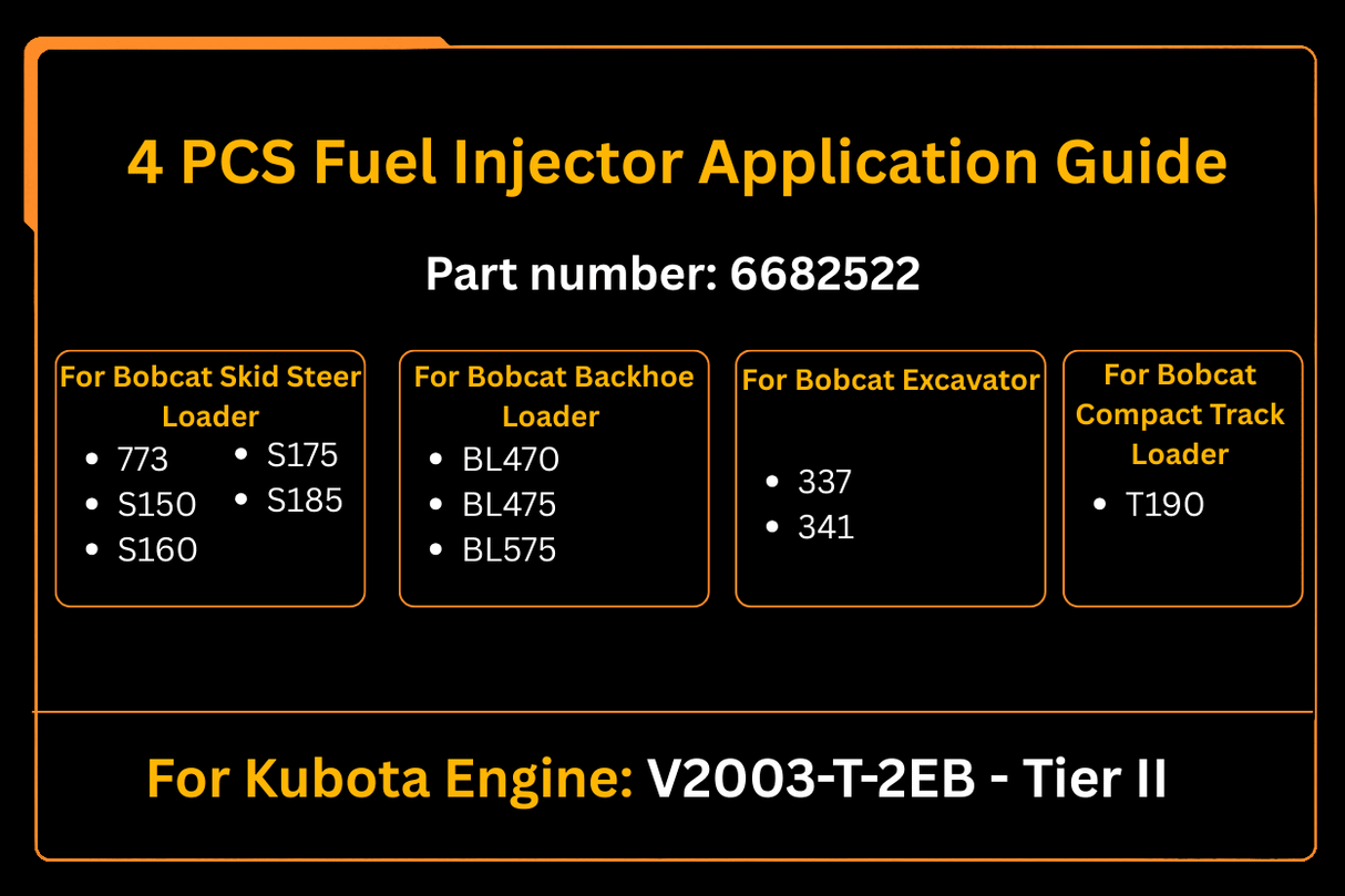 4 PCS Fuel Injector 6682522 for Kubota Engine V2003 Aftermarket Replacement For Bobcat BL470 BL475 BL575 337 341 773 S150 S160 S175 S185 T190 - Fab Heavy Parts