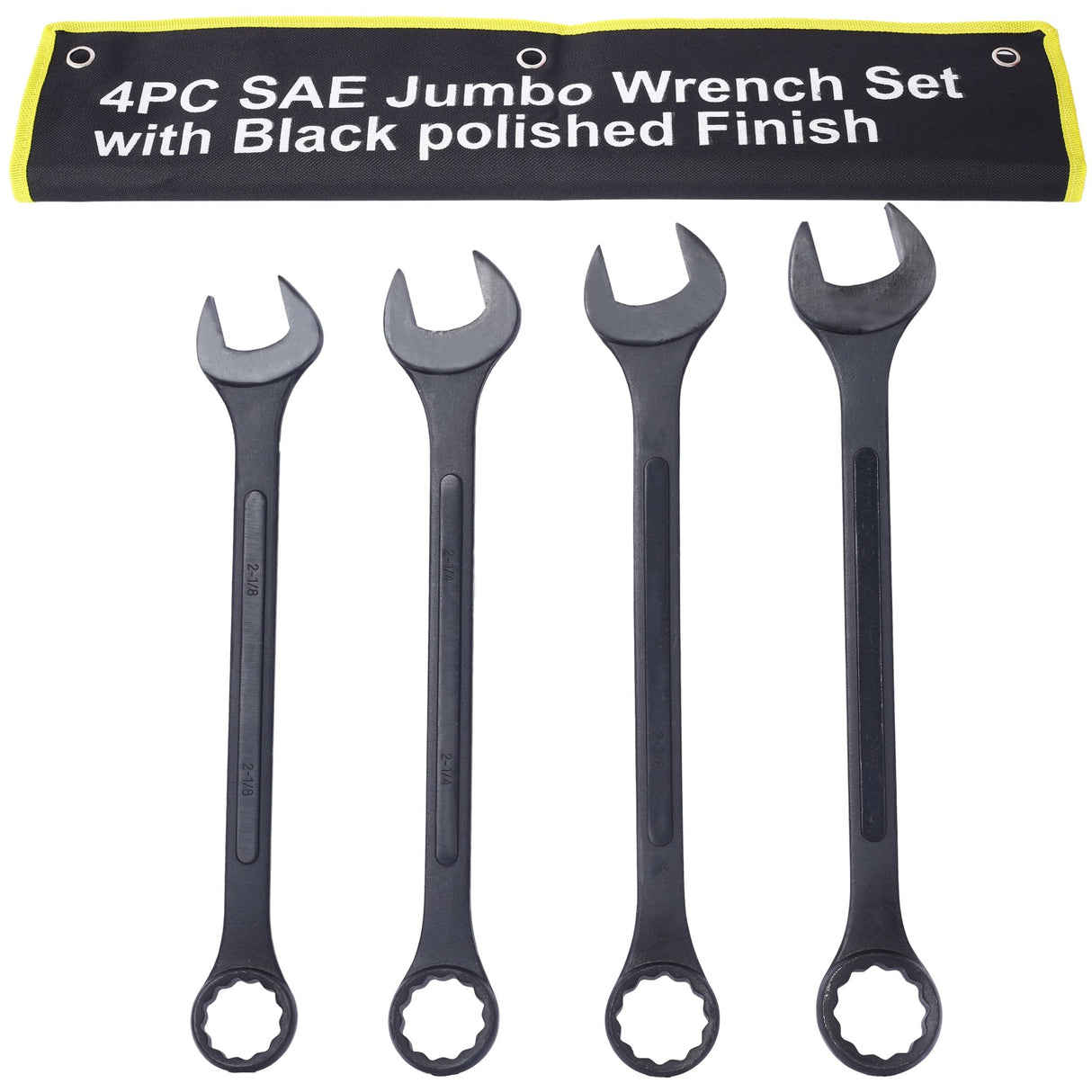 4 Piece Jumbo Combination Wrench Set SAE with Storage Bag Black Oxide 2 - 1/8 2 - 1/4 2 - 3/8 2 - 1/2 - inch - Fab Heavy Parts
