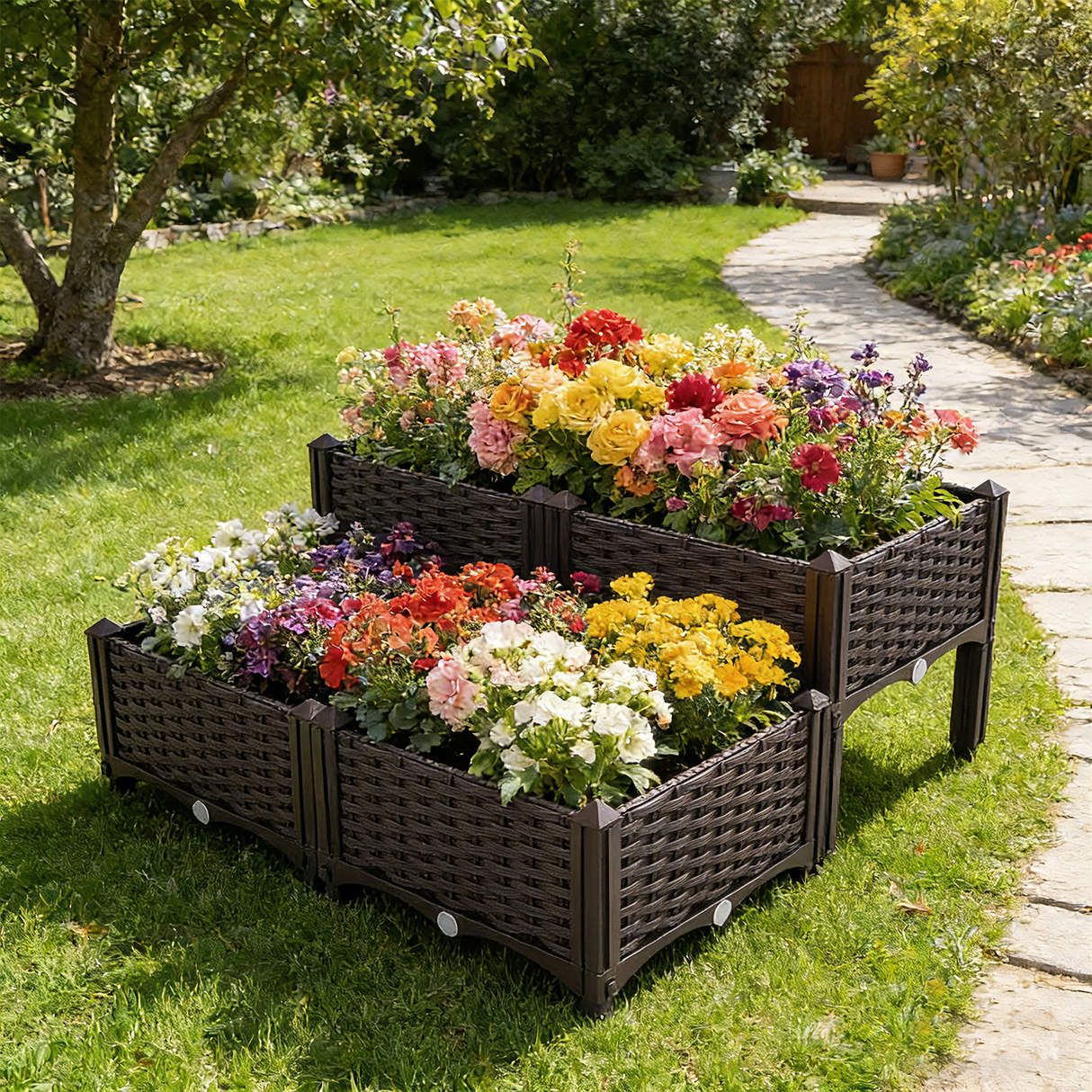 4 Piece Raised Garden Bed with Legs Self - Watering Planter Box to Grow Flowers Herbs Vegetables - Brown - Fab Heavy Parts
