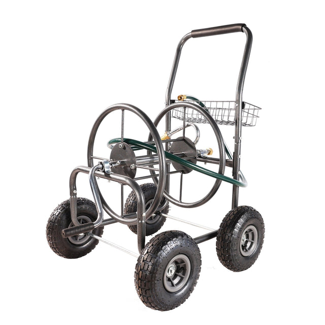 4 Wheels Portable Water Hose Reel Cart with Storage Basket Heavy Duty Steel - Fab Heavy Parts
