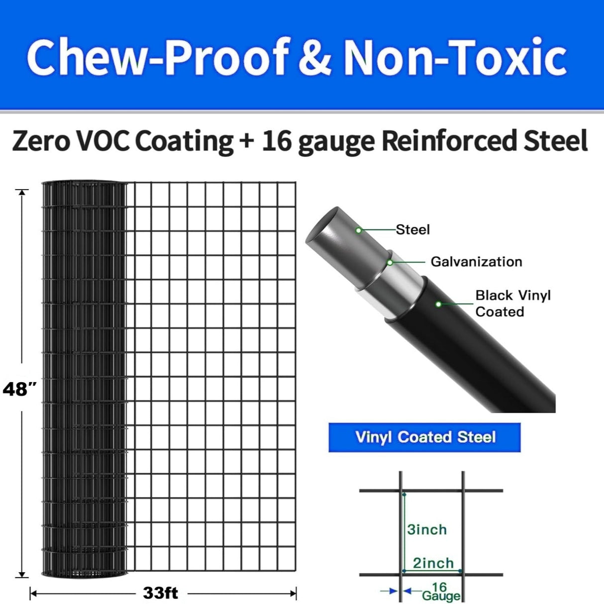 40 Inch x 99 FT Black Vinyl - Coated 16 Gauge Metal Mesh Fence Rust - Resistant Welded Wire Support for Poultry Cages Garden Protection and Pet Enclosures - Fab Heavy Parts