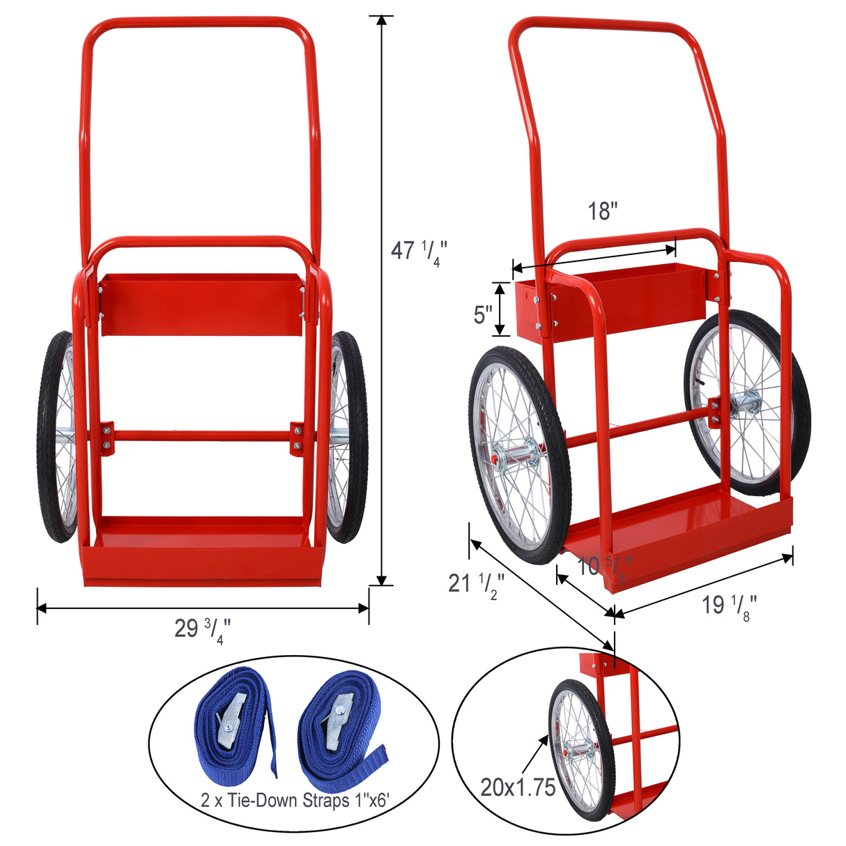 Large Dual Oxygen Tank Cart Dolly with Double Cylinder 20" Pneumatic Wheels Two Fastening Belts--Red