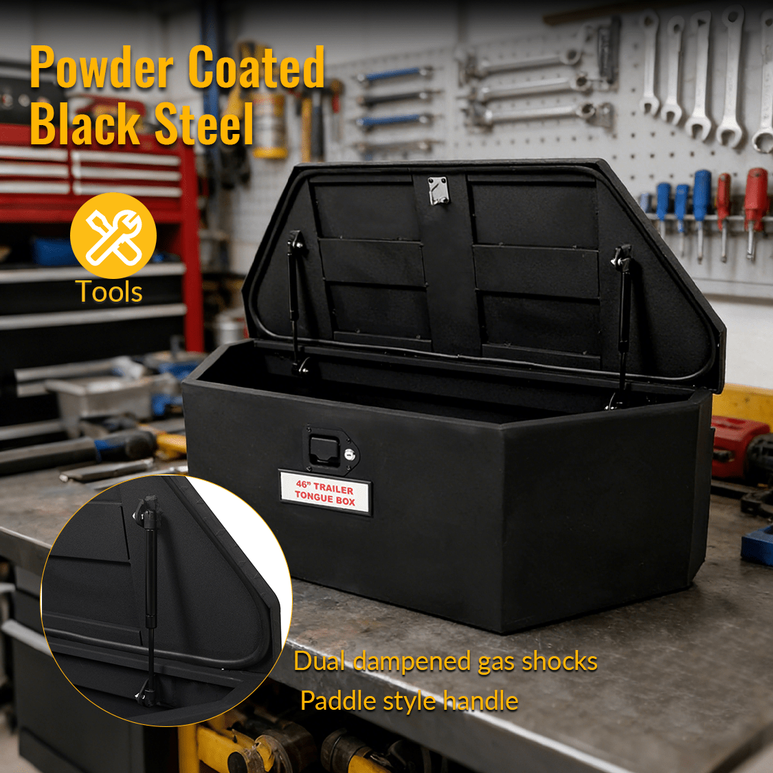 46“X18”X14.5“ Trailer Tongue Box with Lock and Keys Heavy Duty Steel 6.7 CUFT Capacity - Black - Fab Heavy Parts