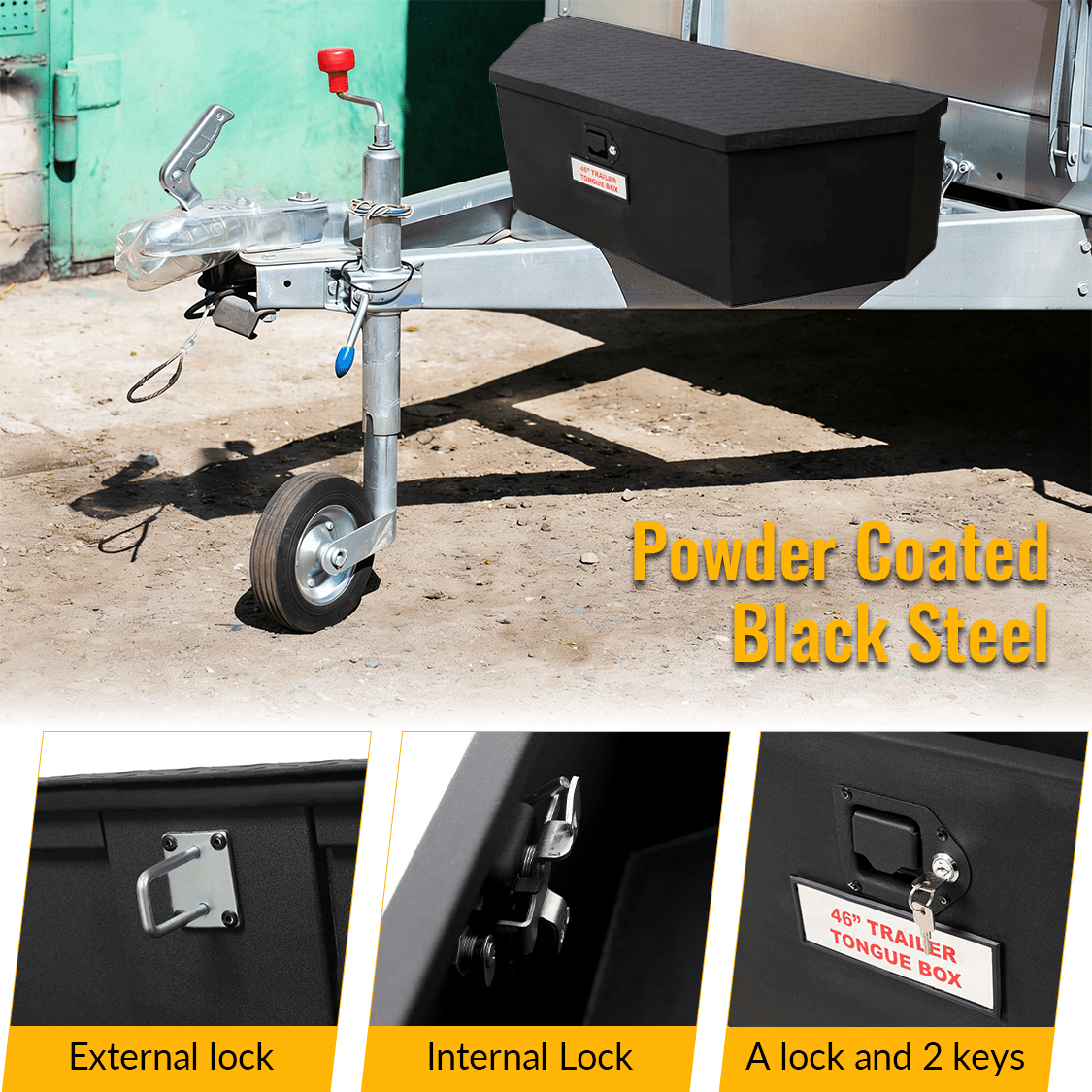 46“X18”X14.5“ Trailer Tongue Box with Lock and Keys Heavy Duty Steel 6.7 CUFT Capacity - Black - Fab Heavy Parts