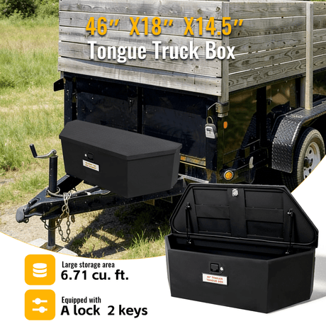 46“X18”X14.5“ Trailer Tongue Box with Lock and Keys Heavy Duty Steel 6.7 CUFT Capacity - Black - Fab Heavy Parts