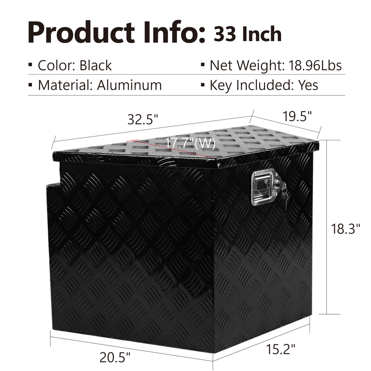 Heavy Duty Diamond Plate Aluminum Trailer Tongue Box with Seal Lock & Keys Black 32.5"x20.5"x18.3"