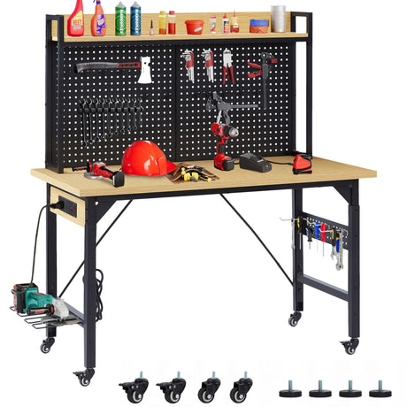 48'' Adjustable Wooden Workbench with Pegboard and Wheels with AC/USB Outlet Hooks Shelf Heavy Duty 1600 lb. Capacity - Fab Heavy Parts