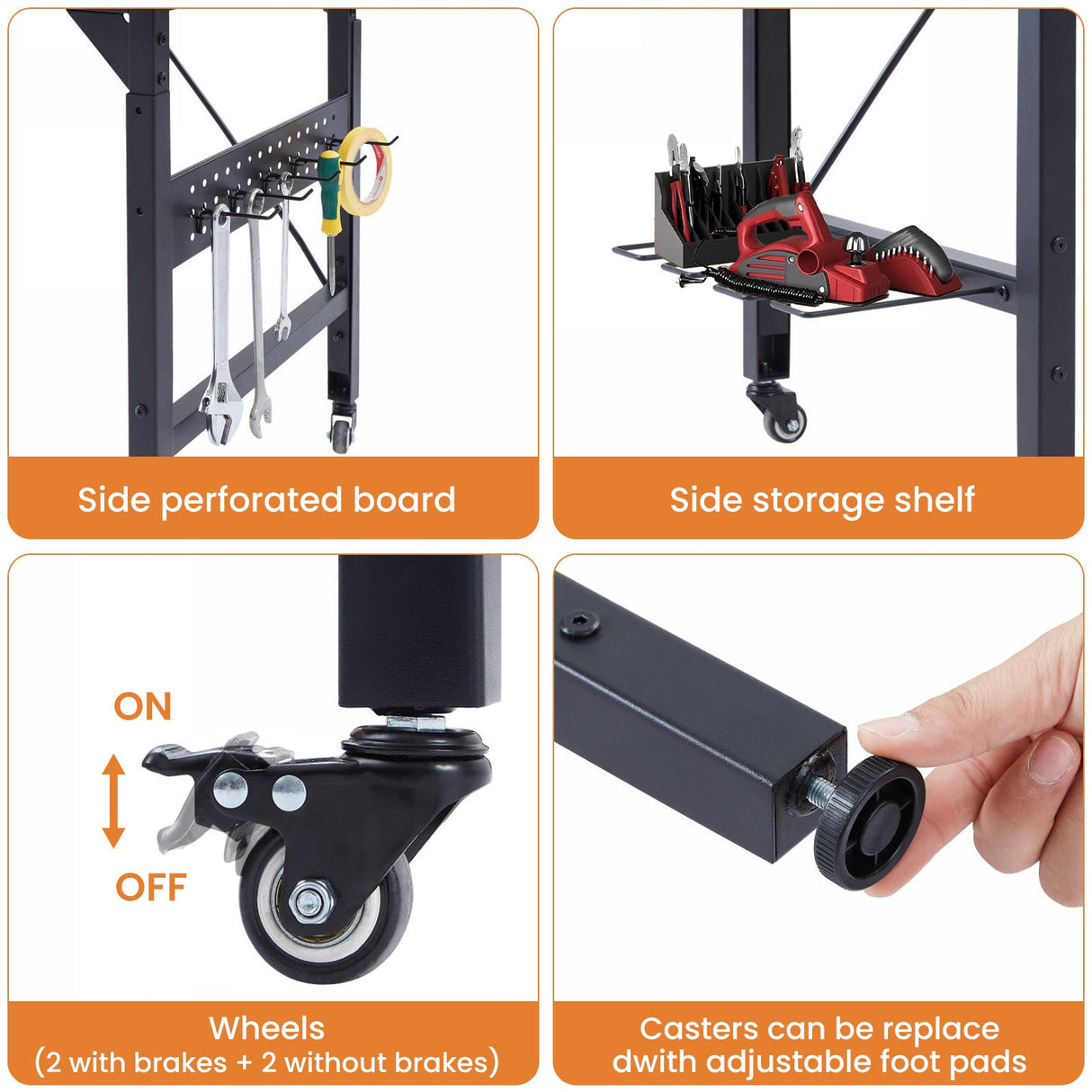 48'' Adjustable Wooden Workbench with Pegboard and Wheels with AC/USB Outlet Hooks Shelf Heavy Duty 1600 lb. Capacity - Fab Heavy Parts