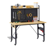 48'' Adjustable Wooden Workbench with Pegboard and Wheels with AC/USB Outlet Hooks Shelf Heavy Duty 1600 lb. Capacity - Fab Heavy Parts