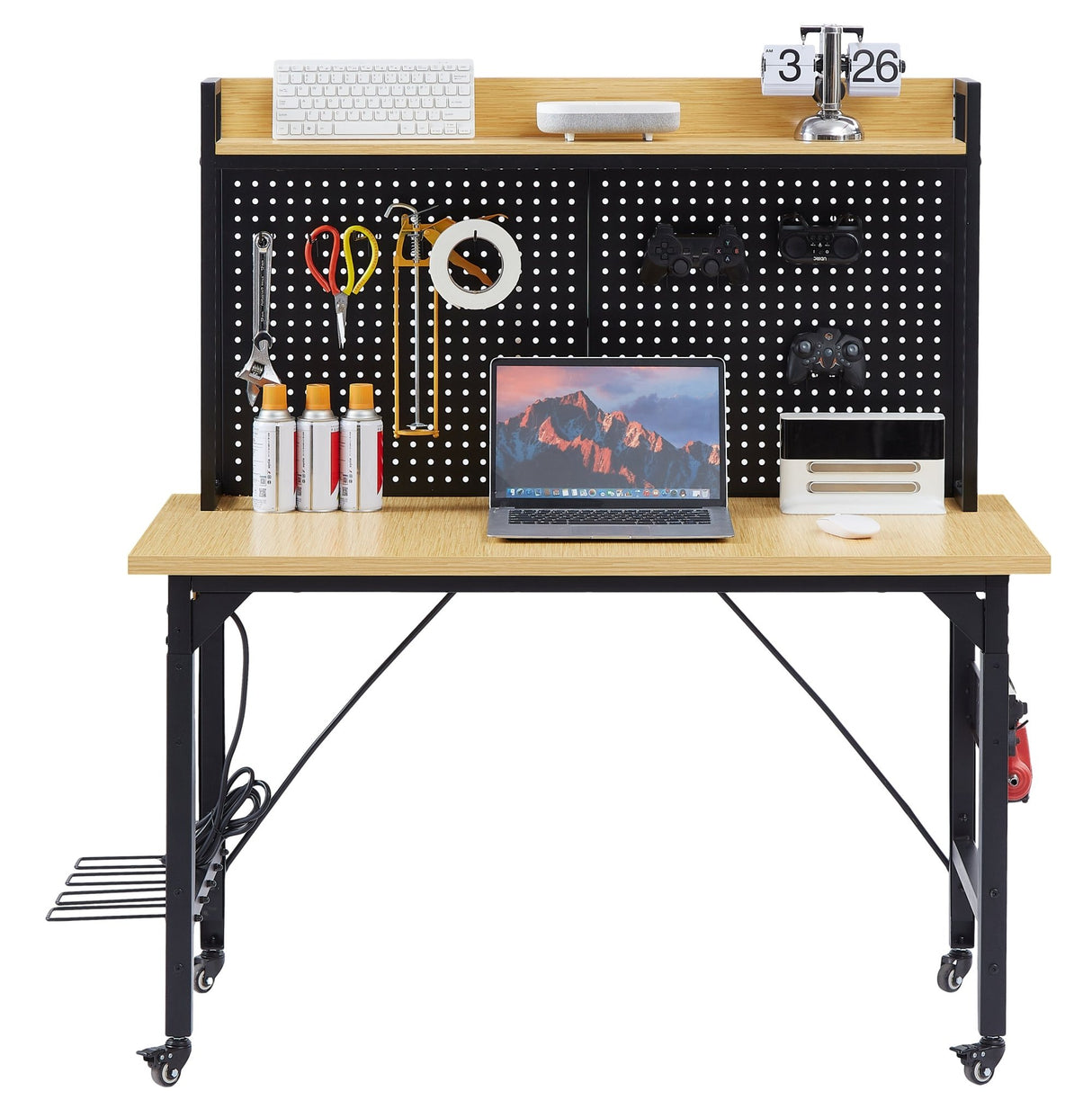 48'' Adjustable Wooden Workbench with Pegboard and Wheels with AC/USB Outlet Hooks Shelf Heavy Duty 1600 lb. Capacity - Fab Heavy Parts