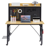 48'' Adjustable Wooden Workbench with Pegboard and Wheels with AC/USB Outlet Hooks Shelf Heavy Duty 1600 lb. Capacity - Fab Heavy Parts