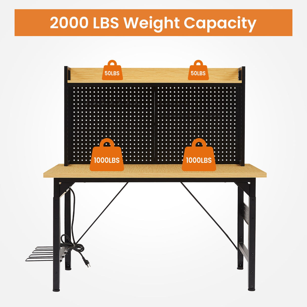 48'' Adjustable Wooden Workbench with Pegboard and Wheels with AC/USB Outlet Hooks Shelf Heavy Duty 1600 lb. Capacity - Fab Heavy Parts