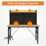 48'' Adjustable Wooden Workbench with Pegboard and Wheels with AC/USB Outlet Hooks Shelf Heavy Duty 1600 lb. Capacity - Fab Heavy Parts