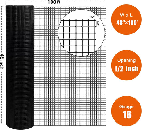 48 inch×100 ft Black Vinyl Coated Hardware Cloth 16 Gauge 1/2 inch Welded Wire Fence - Fab Heavy Parts