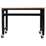 48' Wide Rolling Workbench Adjustable Height Metal with Rubber Wood Top - Fab Heavy Parts