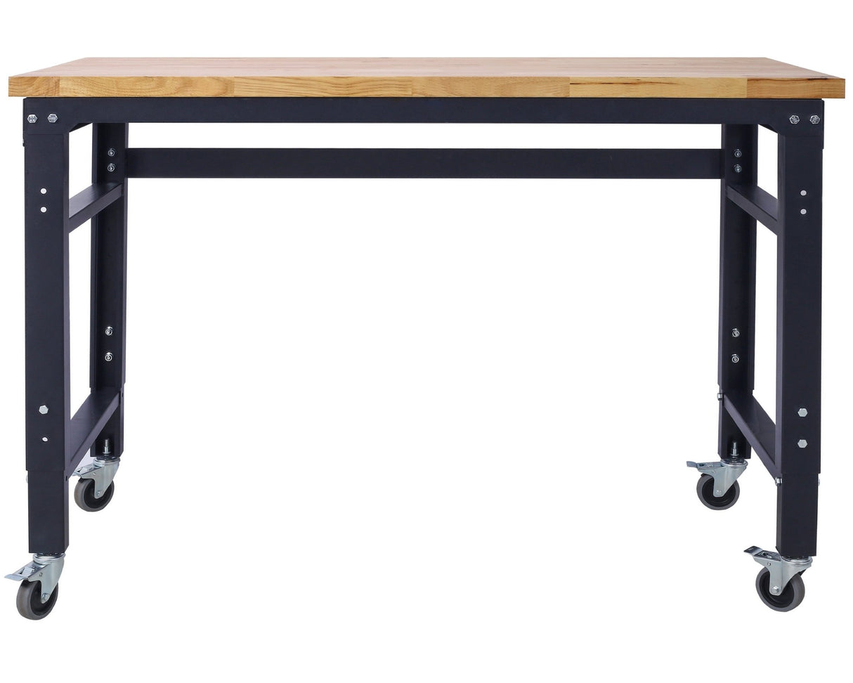 48' Wide Rolling Workbench Adjustable Height Metal with Rubber Wood Top - Fab Heavy Parts
