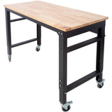 48' Wide Rolling Workbench Adjustable Height Metal with Rubber Wood Top - Fab Heavy Parts