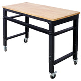 48' Wide Rolling Workbench Adjustable Height Metal with Rubber Wood Top - Fab Heavy Parts