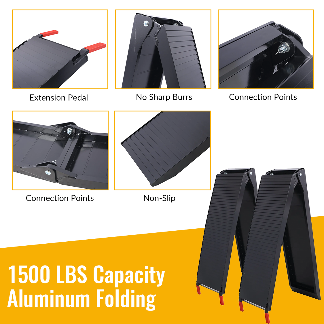 2 Rampas para Caminhão 80"x12" Rampa de carga portátil com capacidade para 1500 libras, dobrável em alumínio, com alça e fivela - Revestimento preto.