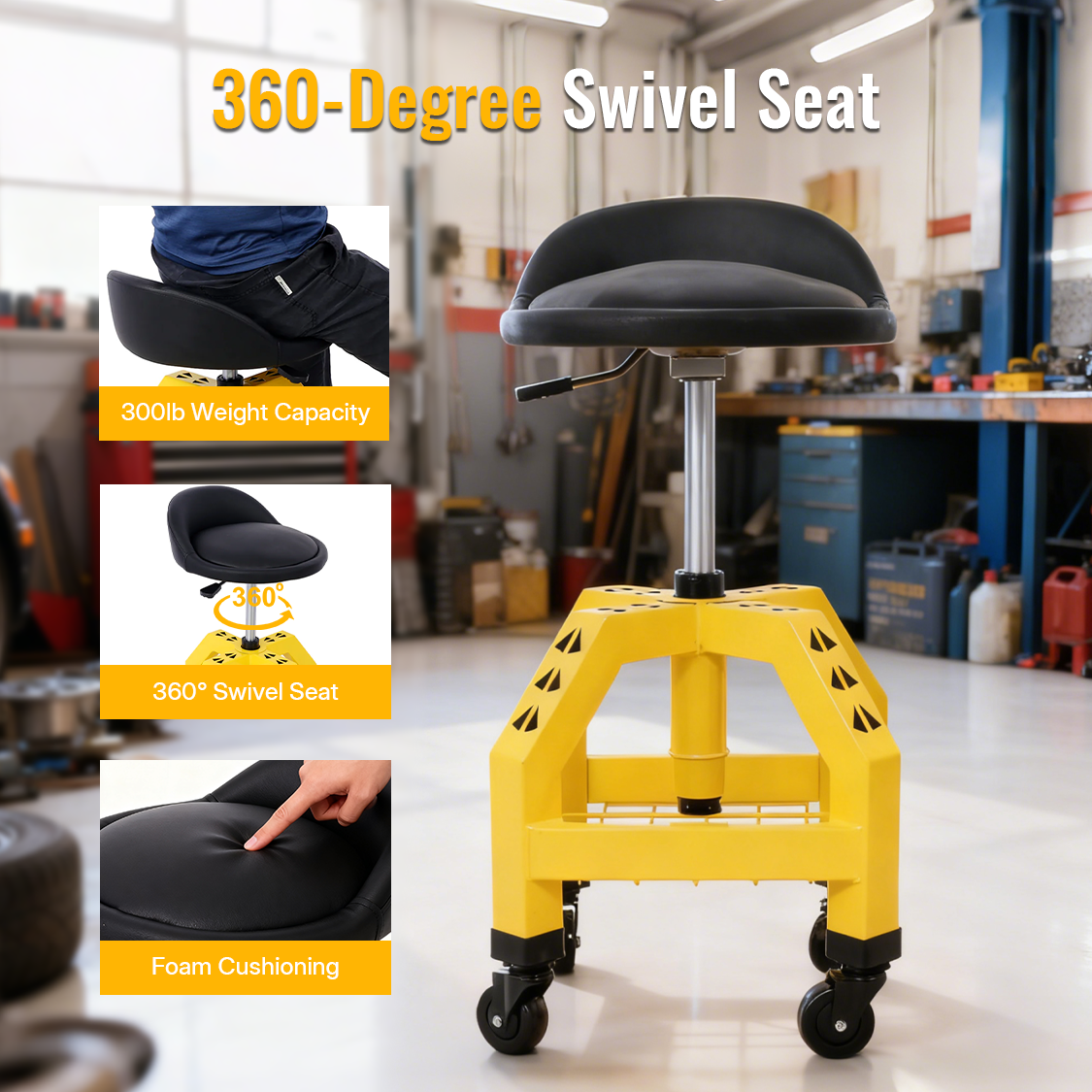 Pneumatic 360 Degree Swivel Stool Mechanics Rolling Creeper Seat Heavy Duty Shop with Casters Yellow 300 lbs Capacity
