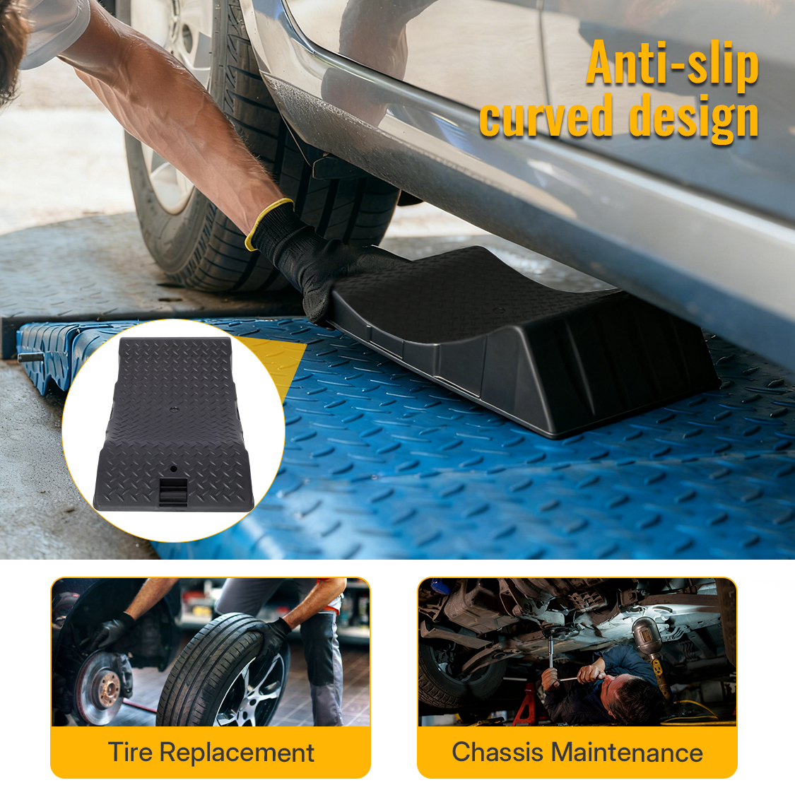 Paquete de 4 rampas protectoras para neumáticos de coche, diseño de plástico duro antideslizante con bolsa de transporte, color negro