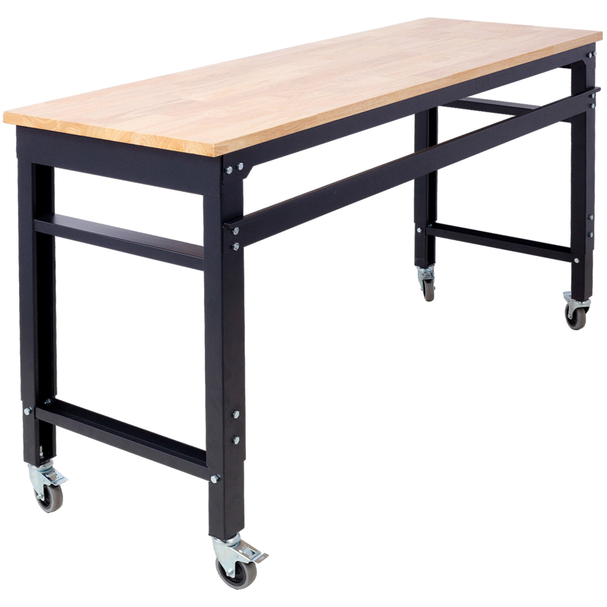 60' Wide Rolling Workbench Adjustable Height Metal with Rubber Wood Top