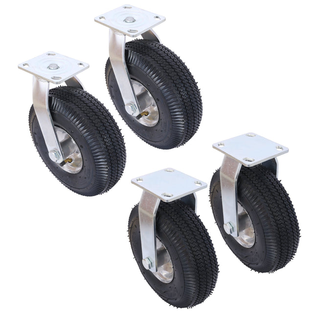 4PCS 10IN Pneumatic Tire(2PCS Swivel +2PCS Rigid) Caster Wheel Swivel Plate Steel Hub with Ball Bearings 5/8 - Inch Bore Centered Axle Black - Fab Heavy Parts