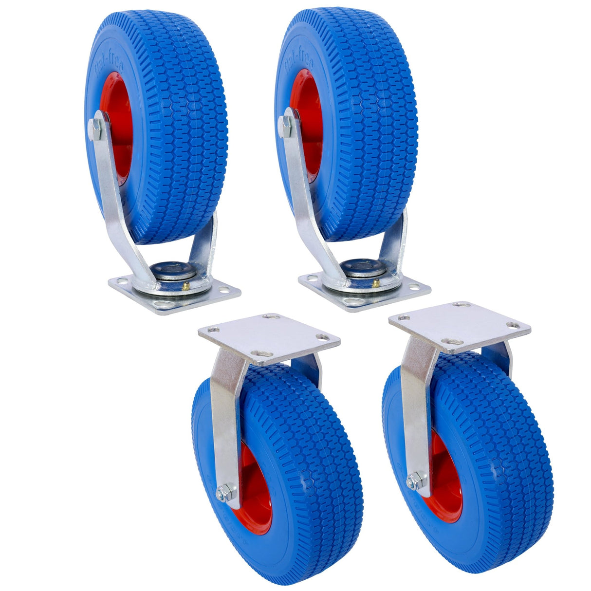 4PCS 10IN X - Large Flat Free Caster Wheel (2PCS Swivel+2PCS Rigid) Swivel Plate Steel Hub with Ball Bearings 5/8 - Inch Bore Centered Axle Blue - Fab Heavy Parts
