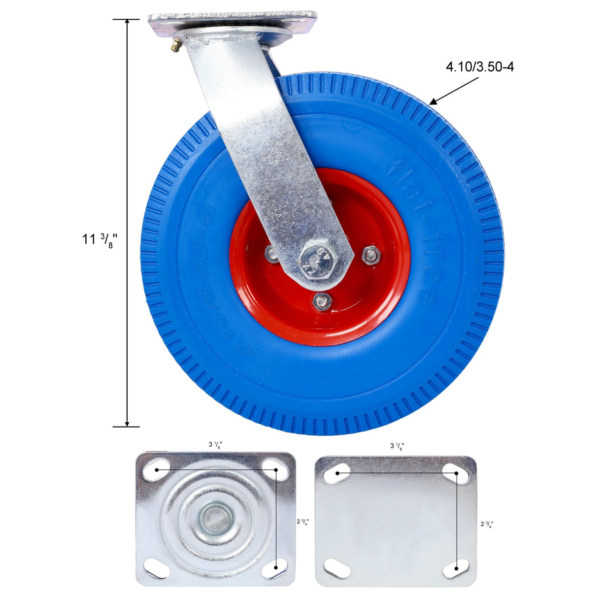 4PCS 10IN X - Large Flat Free Caster Wheel (2PCS Swivel+2PCS Rigid) Swivel Plate Steel Hub with Ball Bearings 5/8 - Inch Bore Centered Axle Blue - Fab Heavy Parts