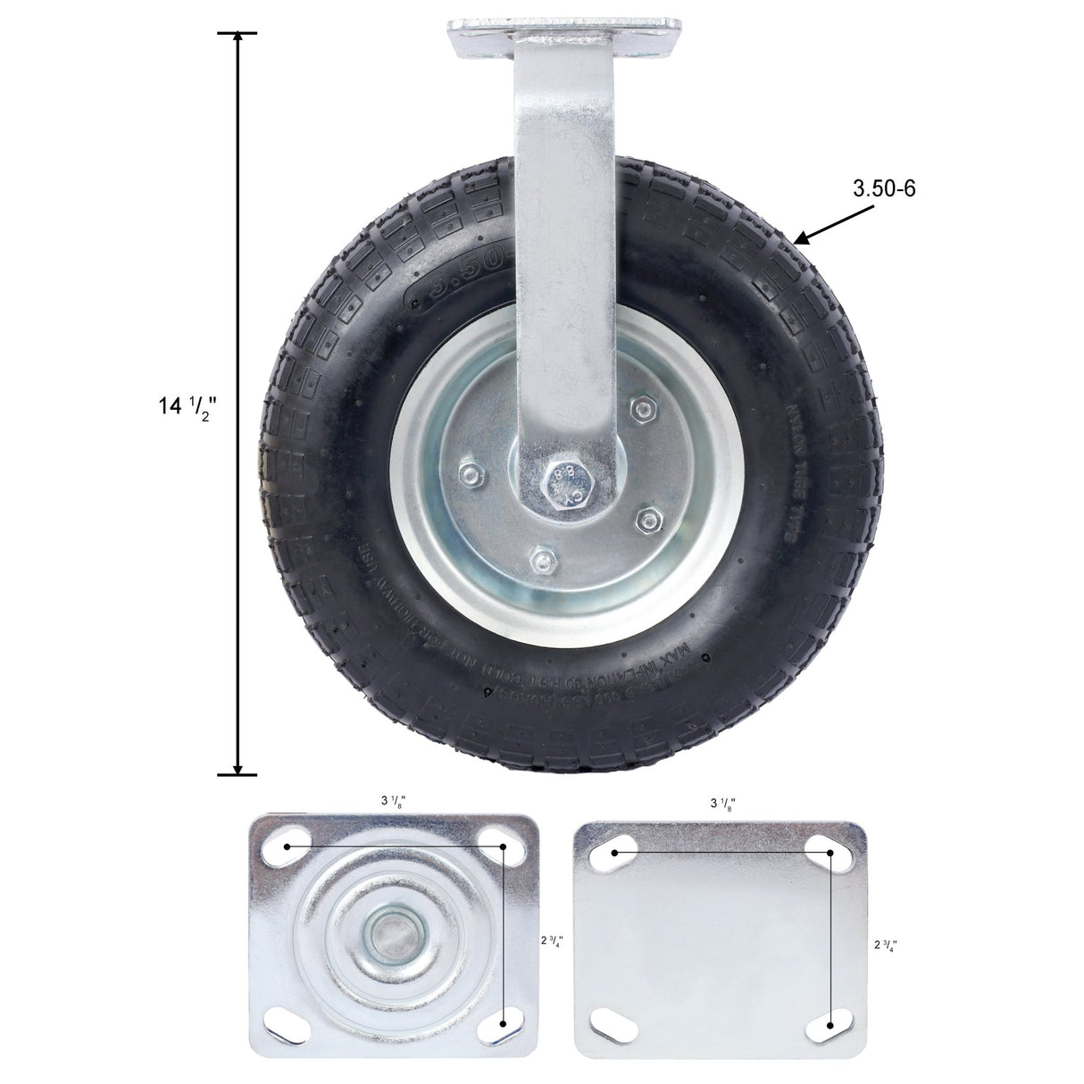 4PCS 12IN Pneumatic Pire(2PCS Swivel +2PCS Rigid) Caster Wheel Swivel Plate Steel Hub with Ball Bearings 5/8 - Inch Bore Centered Axle Black - Fab Heavy Parts