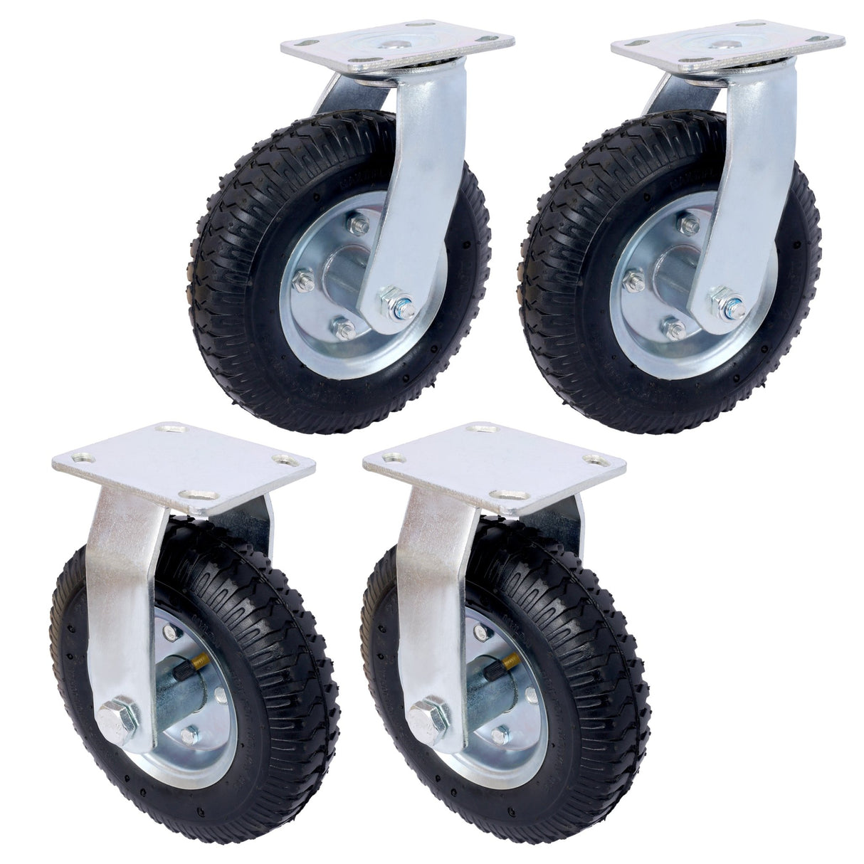 4PCS 8IN Caster Pneumatic Tire(2PCS Swivel +2PCS Rigid) Wheel Swivel Plate Steel Hub with Ball Bearings 5/8 - Inch Bore Centered Axle Black - Fab Heavy Parts