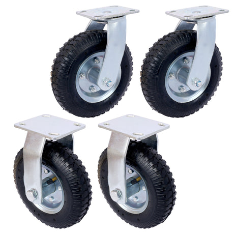 4PCS 8IN Caster Pneumatic Tire(2PCS Swivel +2PCS Rigid) Wheel Swivel Plate Steel Hub with Ball Bearings 5/8 - Inch Bore Centered Axle Black - Fab Heavy Parts