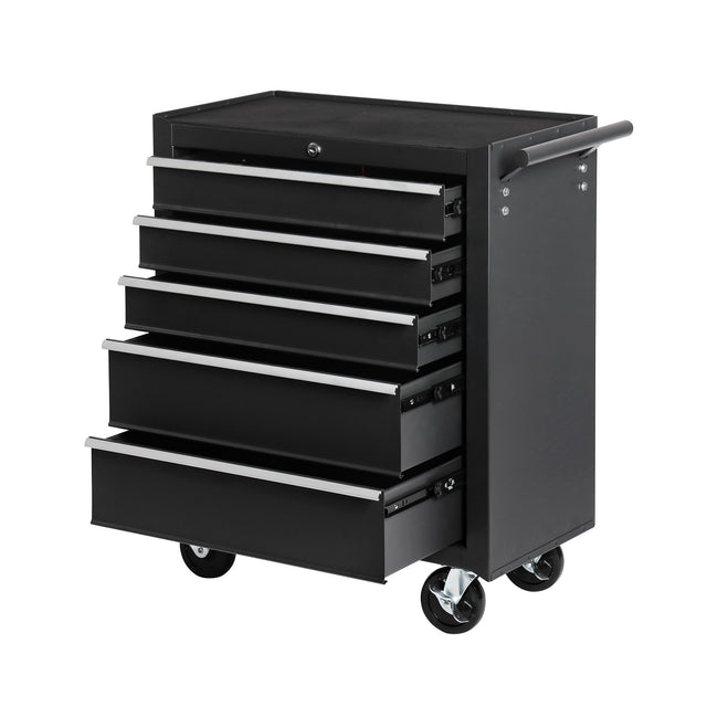 5 - Drawer Rolling Tool Chest w/Lock & Key Wheels Top Cushion & Drawer Liners - Black - Fab Heavy Parts