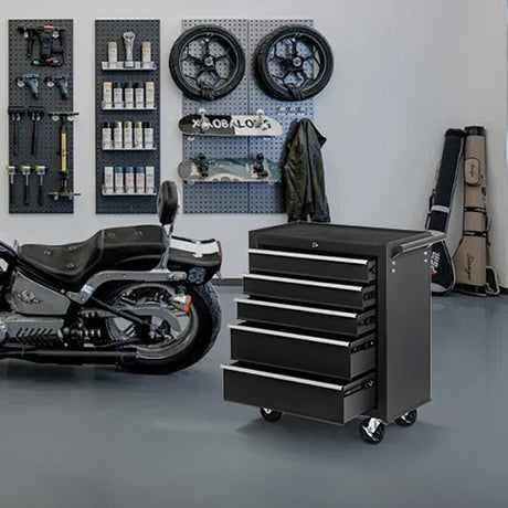 5 - Drawer Rolling Tool Chest w/Lock & Key Wheels Top Cushion & Drawer Liners - Black - Fab Heavy Parts