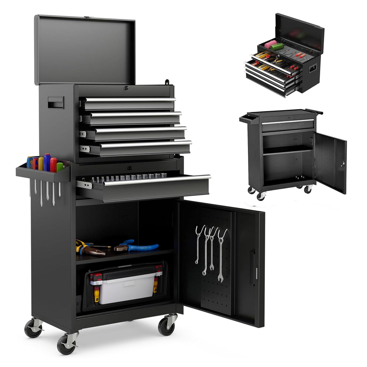 5 - Drawer Rolling Tool Storage Cabinet with 154pcs Tools Metal - Black - Fab Heavy Parts