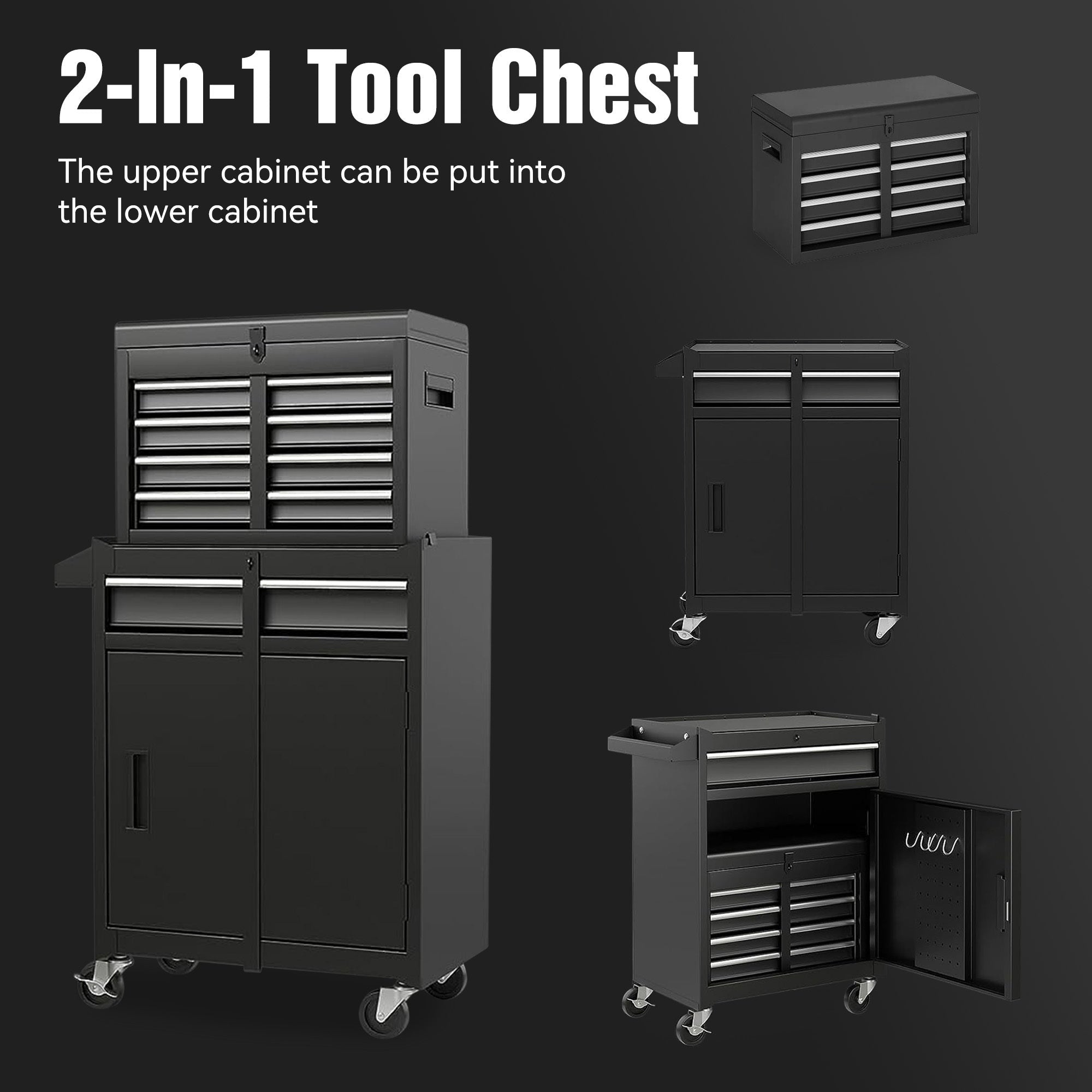 5 - Drawer Rolling Tool Storage Cabinet with Detachable Top Tool Box Liner Universal Lockable Wheels Adjustable Shelf Locking Mechanism - Black - Fab Heavy Parts
