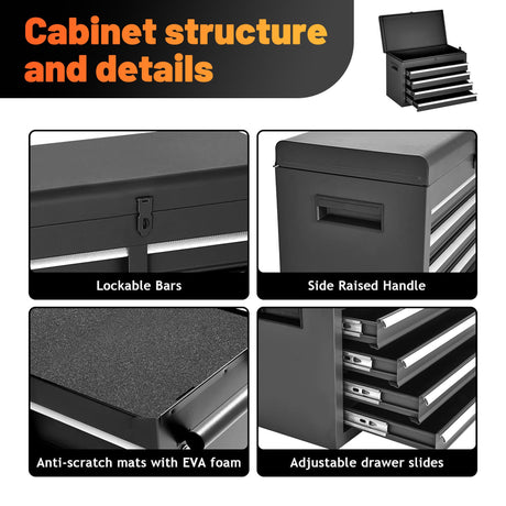 5 - Drawer Rolling Tool Storage Cabinet with Detachable Top Tool Box Liner Universal Lockable Wheels Adjustable Shelf Locking Mechanism - Black - Fab Heavy Parts