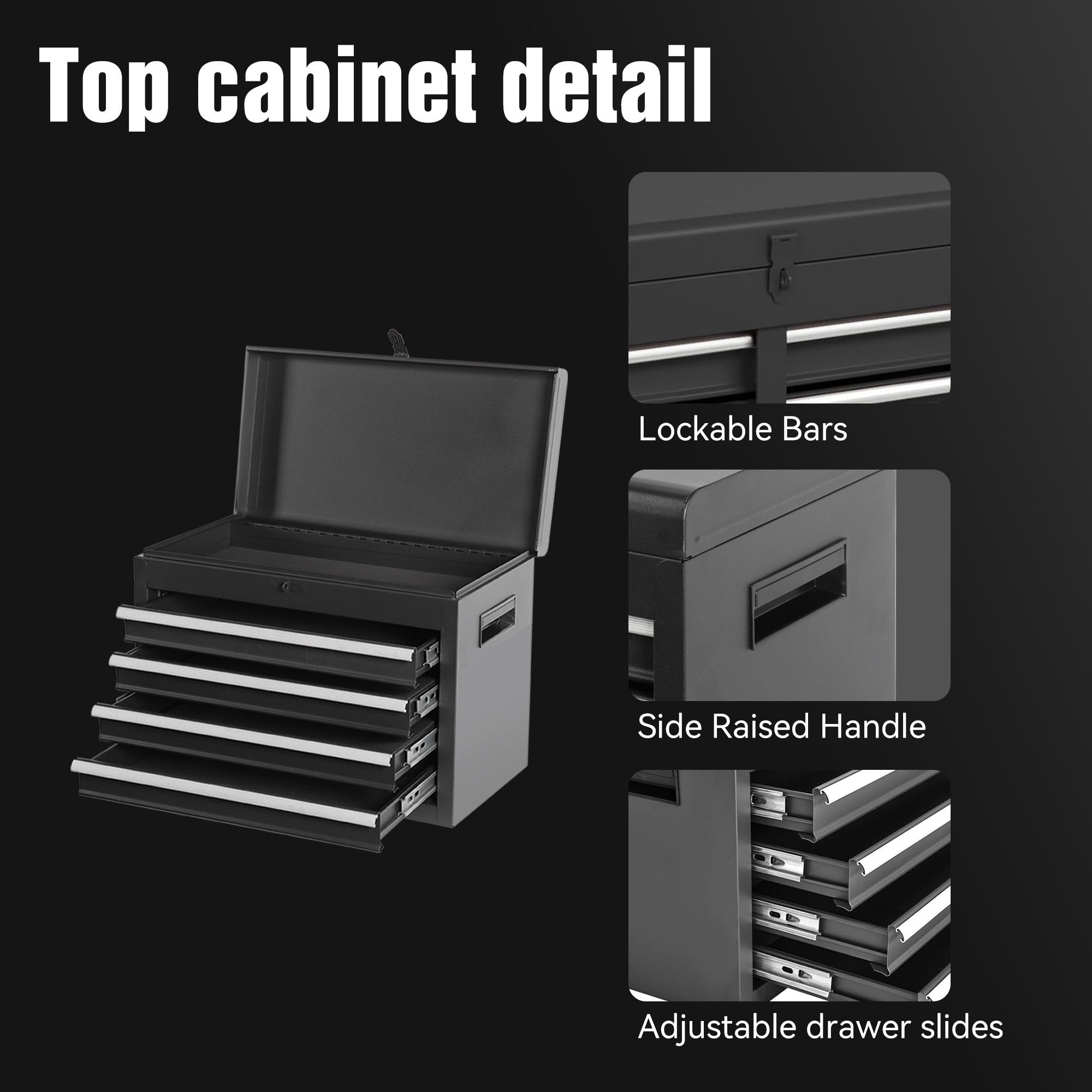 5 - Drawer Rolling Tool Storage Cabinet with Detachable Top Tool Box Liner Universal Lockable Wheels Adjustable Shelf Locking Mechanism - Black - Fab Heavy Parts