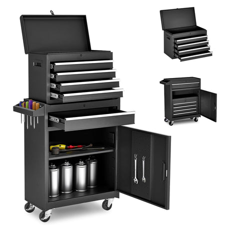 5 - Drawer Rolling Tool Storage Cabinet with Detachable Top Tool Box Liner Universal Lockable Wheels Adjustable Shelf Locking Mechanism - Black - Fab Heavy Parts