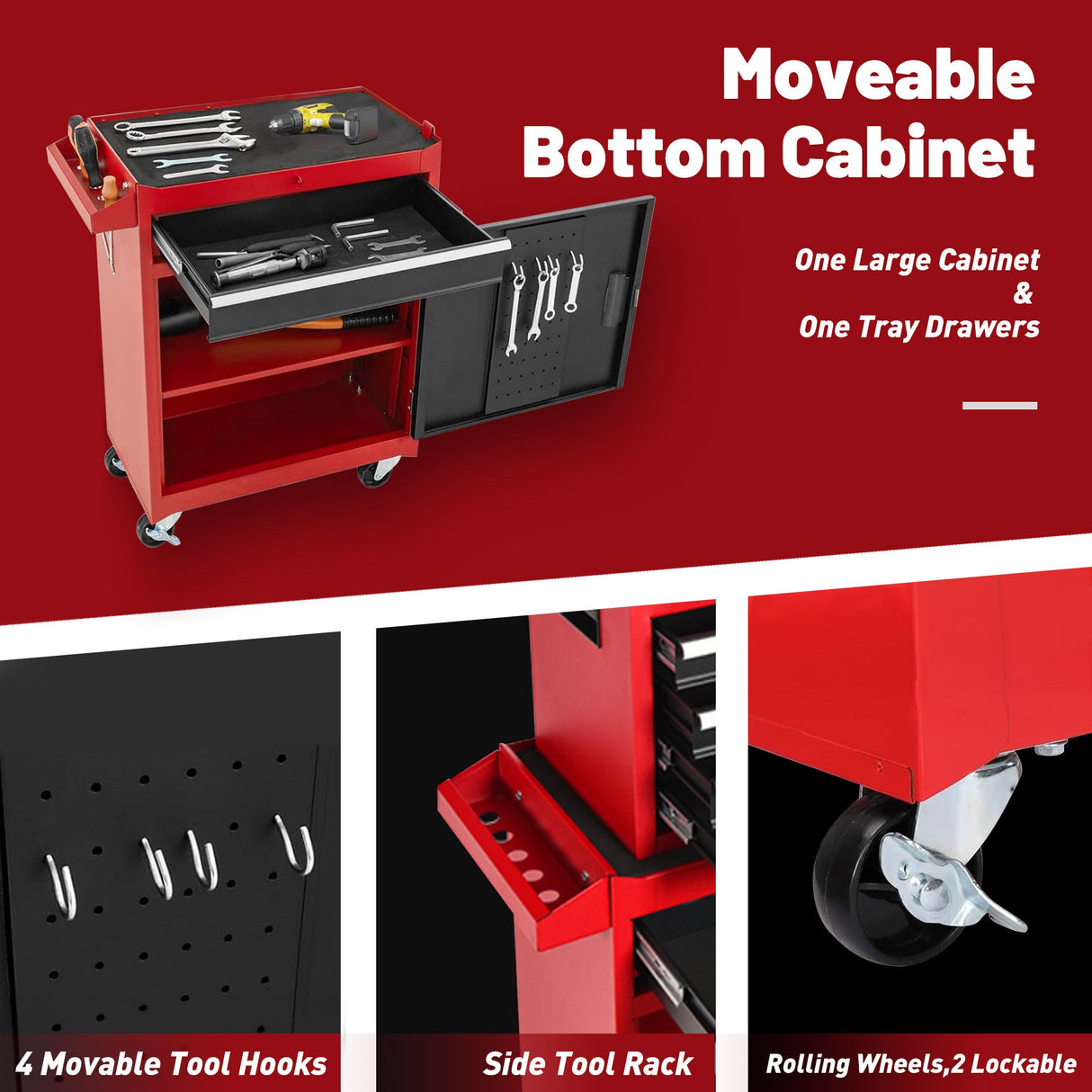 5 - Drawer Rolling Tool Storage Cabinet with Detachable Top Tool Box Liner Universal Lockable Wheels Adjustable Shelf Locking Mechanism - Red - Fab Heavy Parts