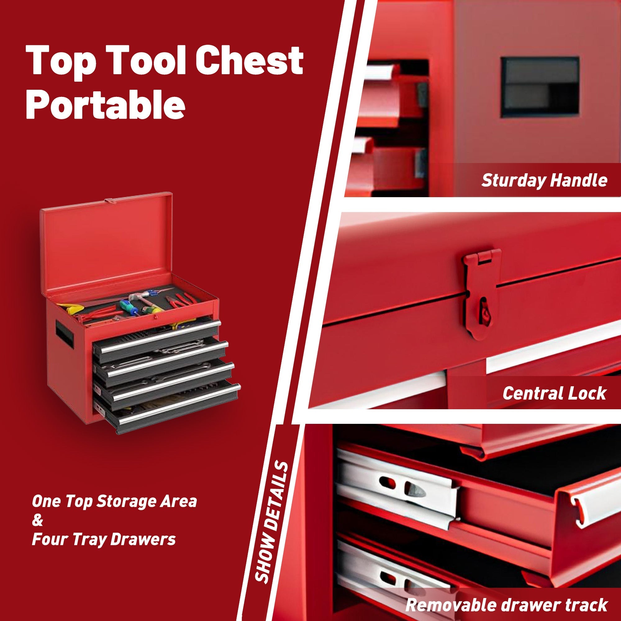 5 - Drawer Rolling Tool Storage Cabinet with Detachable Top Tool Box Liner Universal Lockable Wheels Adjustable Shelf Locking Mechanism - Red - Fab Heavy Parts