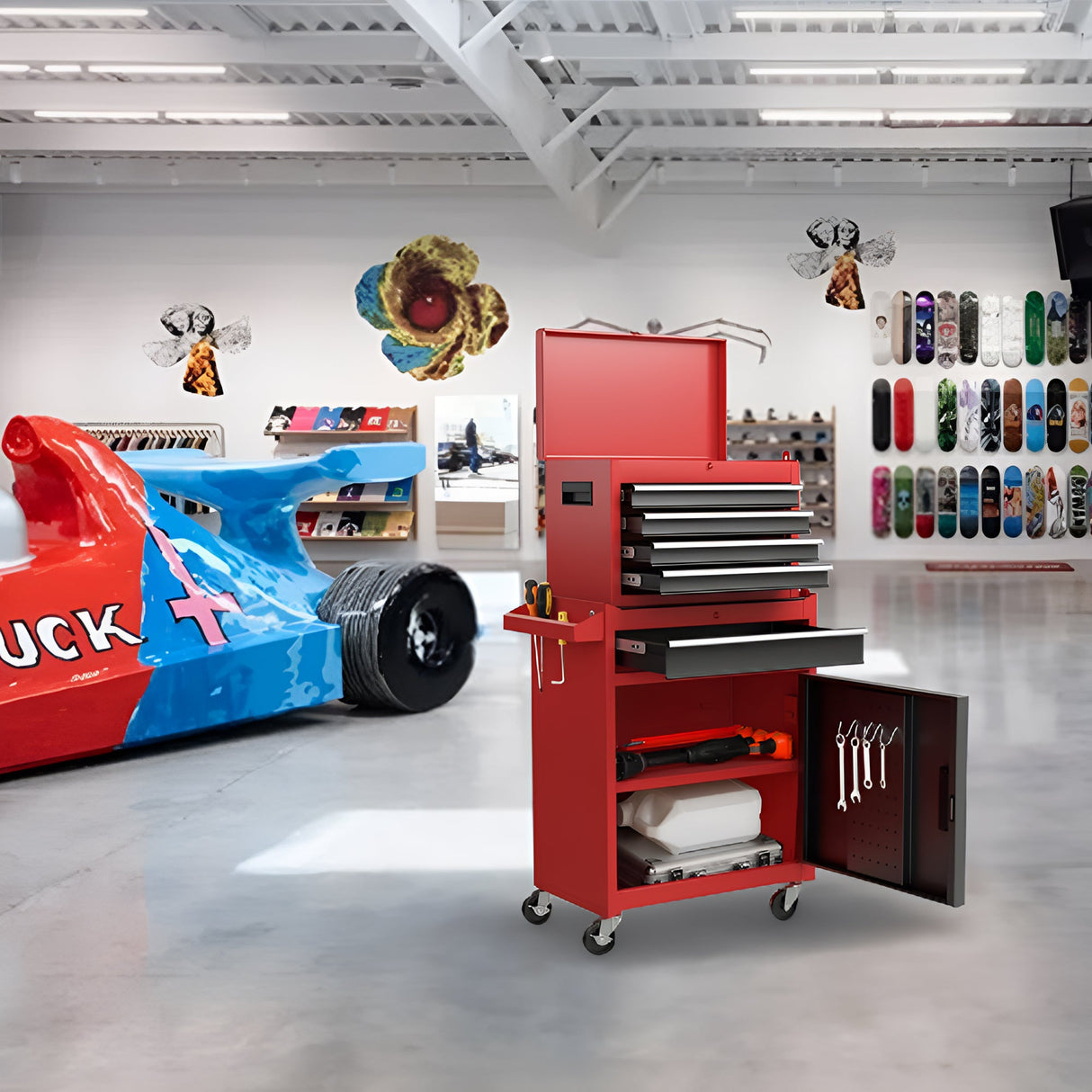5 - Drawer Rolling Tool Storage Cabinet with Detachable Top Tool Box Liner Universal Lockable Wheels Adjustable Shelf Locking Mechanism - Red - Fab Heavy Parts